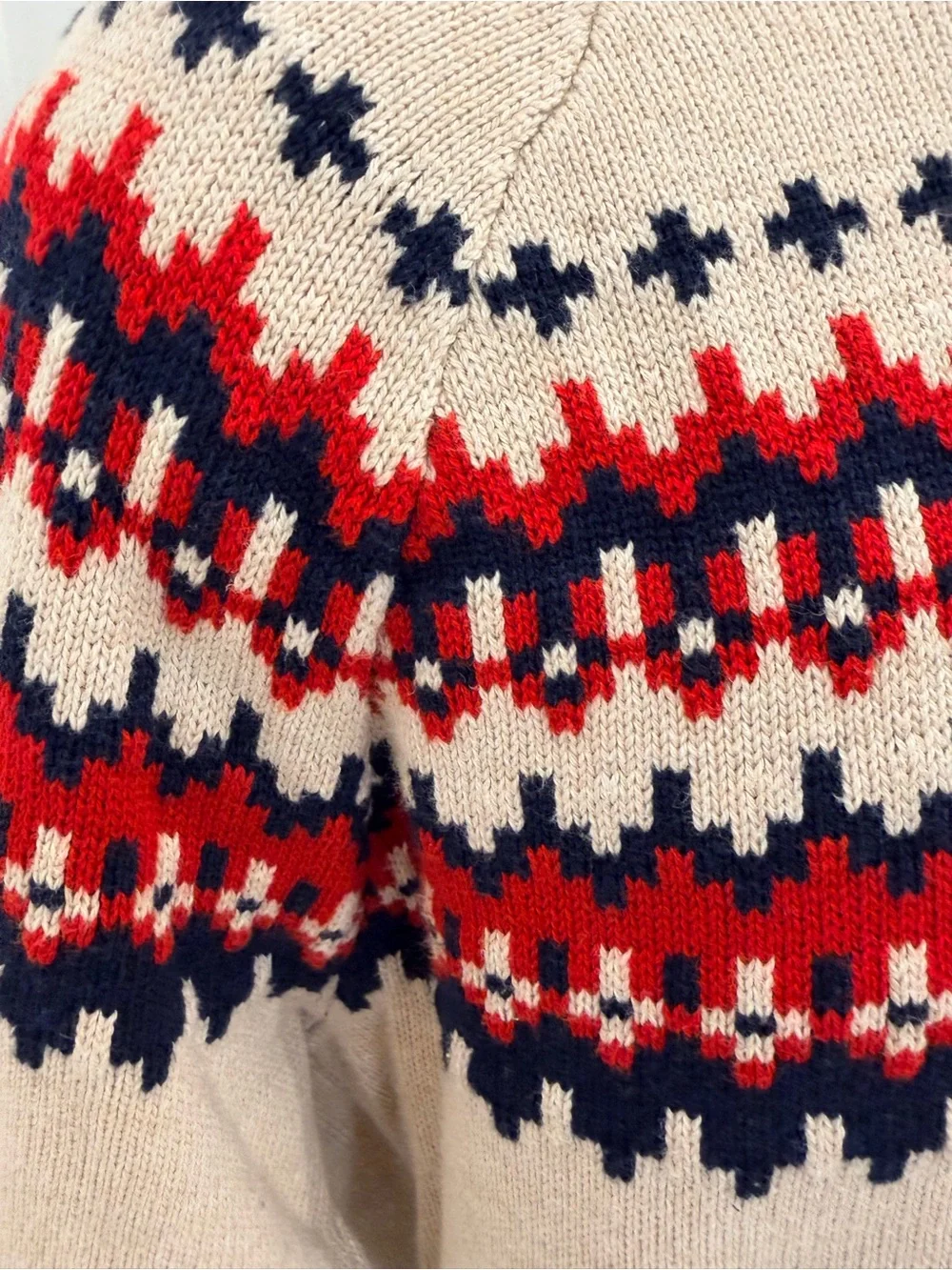 J. Crew Beige Crewneck Sweater with Red & Navy Fair Isle Yoke